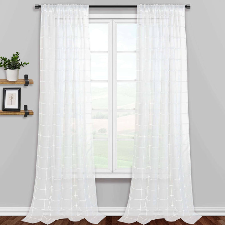 Gilford Embroidered Plaid Light Filtering Single Curtain Panel - PoshBlu