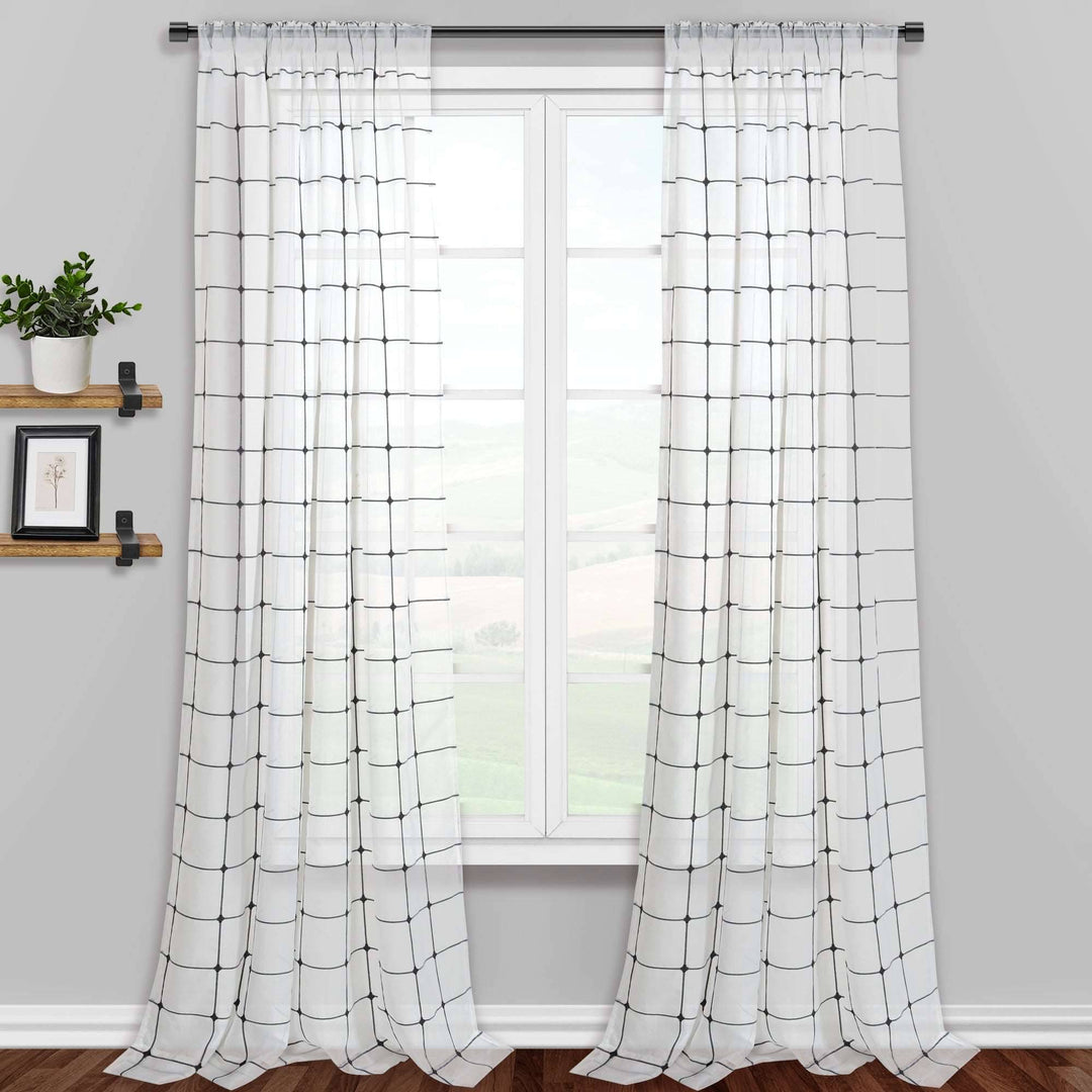 Gilford Embroidered Plaid Light Filtering Single Curtain Panel - PoshBlu