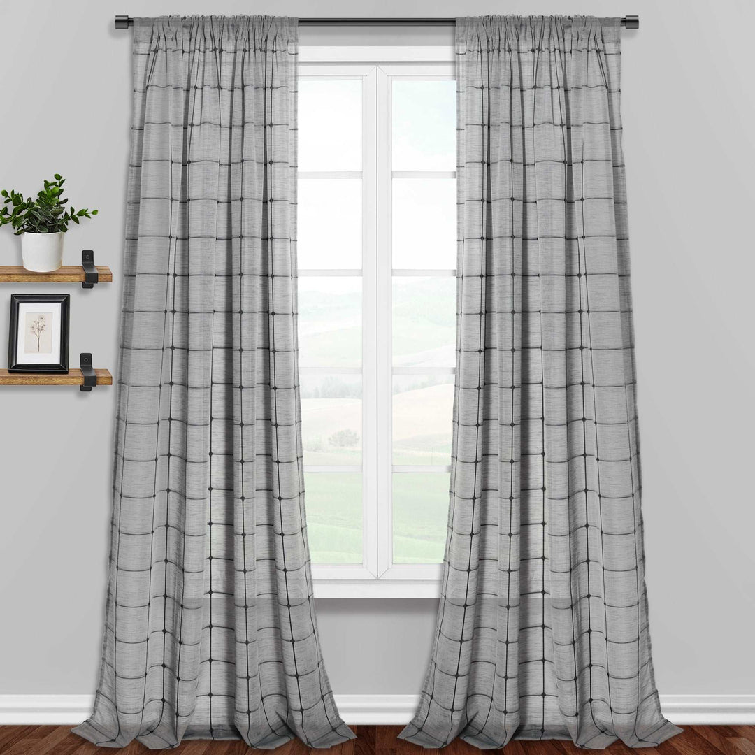 Gilford Embroidered Plaid Light Filtering Single Curtain Panel - PoshBlu